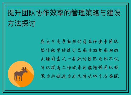 提升团队协作效率的管理策略与建设方法探讨