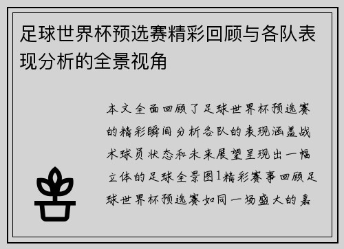 足球世界杯预选赛精彩回顾与各队表现分析的全景视角